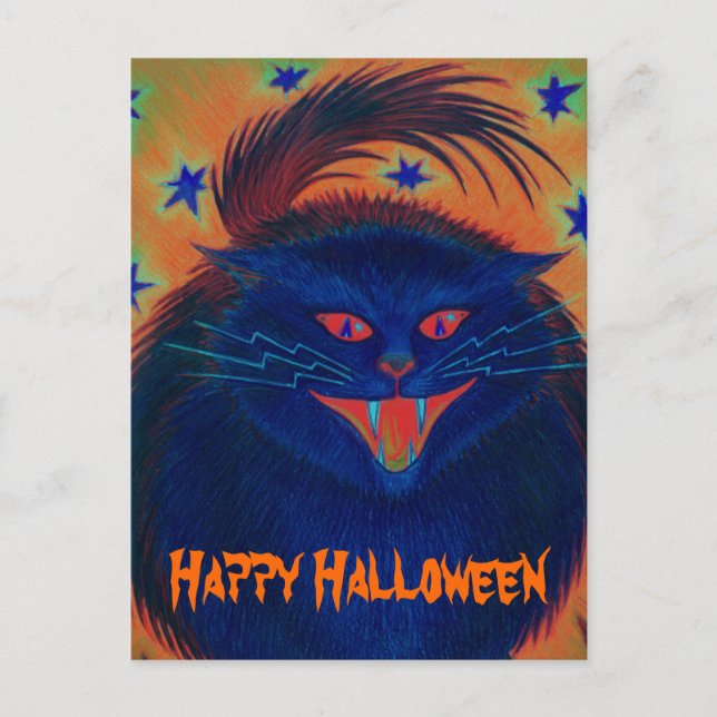 Skarieråda blått vykort "Happy halloween" (Framsida)