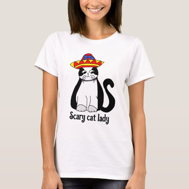 Skarknat dam, katt i mexikansk hatt teckning t shirt (Framsida)