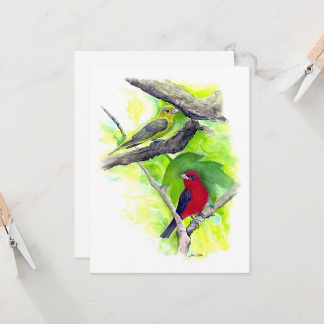 Skarlakansfärgade Tangarapar Notkort (Scarlet Tanager Couple In Tree Watercolor Blank Note Cards from Jenn Steffen Art)