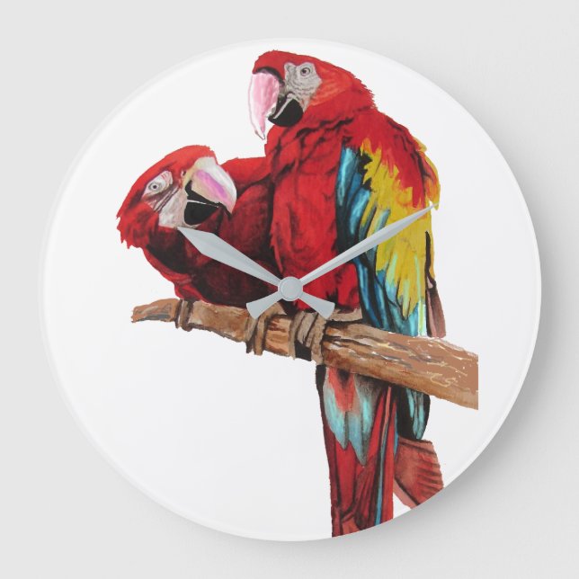 Skärmlås för ljusröd Macaw med vattenfärg Stor Klocka (Framsida)