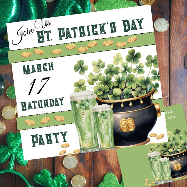 Skarp och Grönt Beer St Patricks Day Party Inbjudningar (St Patrick's Day customizable party invitation with green beer and a pot of Irish gold. )