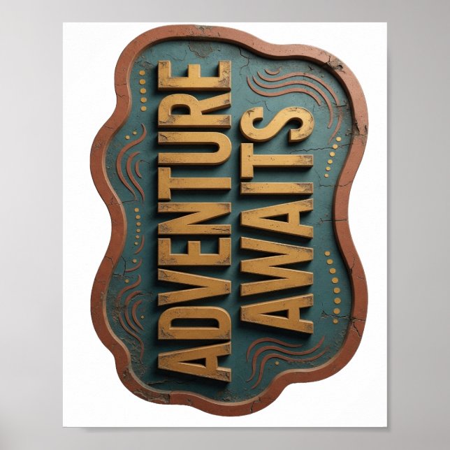 Skarp Orange ÄVENTYR VÄNTAR 3D Textkonst Poster (Framsidan)