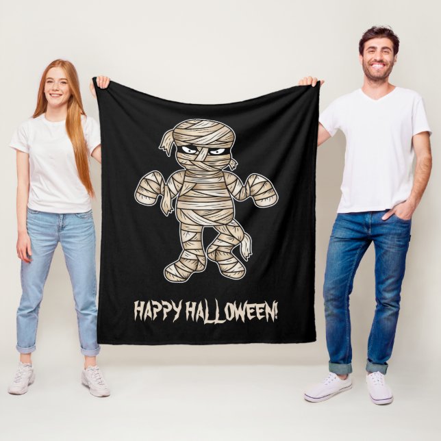 Skarp Tecknad Mummy & Happy halloween Text Fleecefilt (På plats)