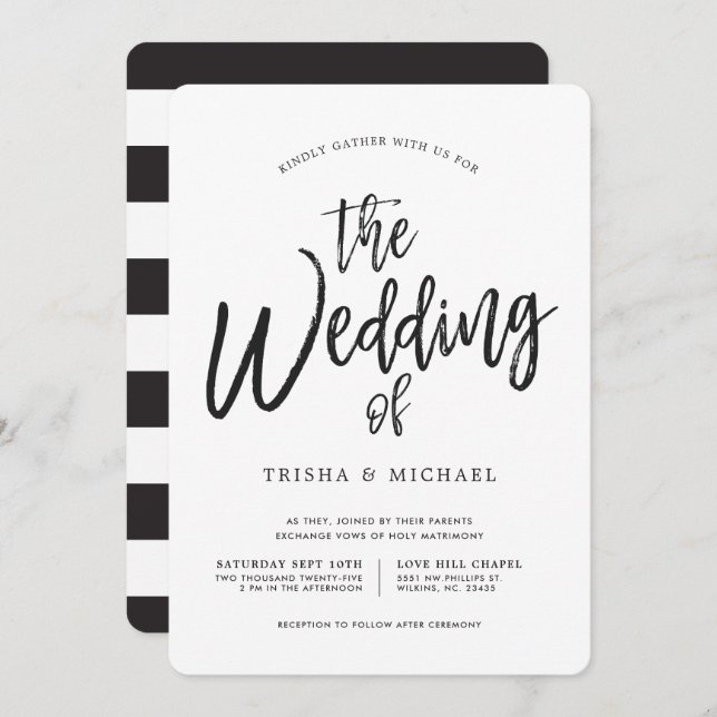 Skarpa skript svart|Strimmad vit Bröllop bakåt Inbjudningar (Fram/baksida)