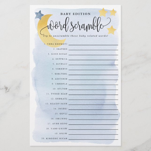 Skarpett baby Ord, blått över Måne Pappert spelkor Flygblad (Framsidan)