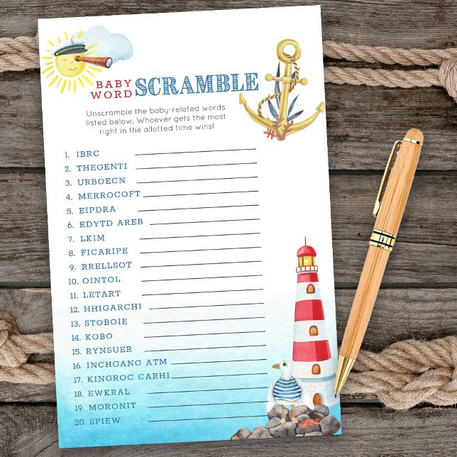 Skarpspel för nautisk babydusch Baby Ord (Baby word scramble game card from my Ahoy it's a boy Nautical Baby Shower collection)