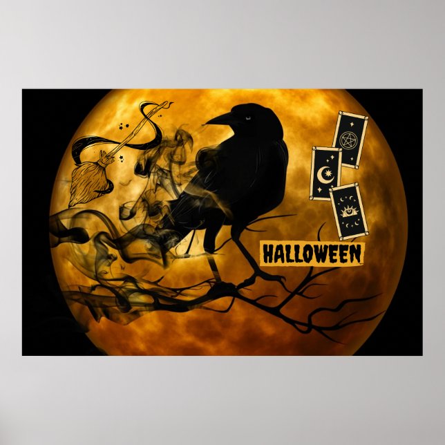 Skary Black Kråka, Tarot Cards Halloween Full Moon Poster (Framsidan)