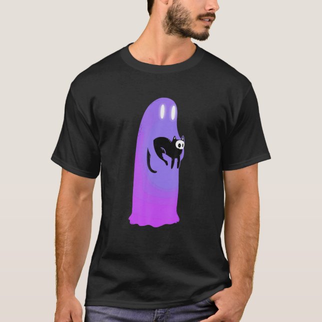 Skary spöke som håller feg, söt, svart katthallowe t shirt (Framsida)