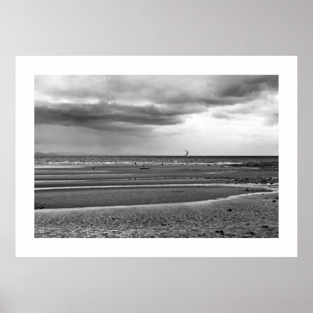 Skat som surfar på stranden, svart och vit poster (Framsidan)