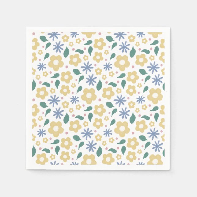 Skätad gult och blåa blommor-cocktail-napkin pappersservett (Framsidan)