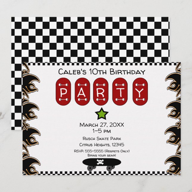 Skate Boarder Flames Skateboard-Födelsedagsfest Inbjudningar (Fram/baksida)
