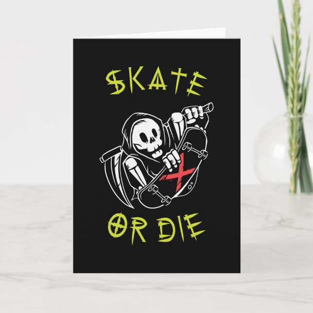 Skate eller die Grim Reaper Skeleton Skateboarder Kort (Framsida)