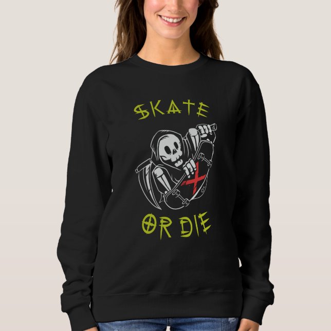 Skate eller die Grim Reaper Skeleton Skateboarder T Shirt (Framsida)