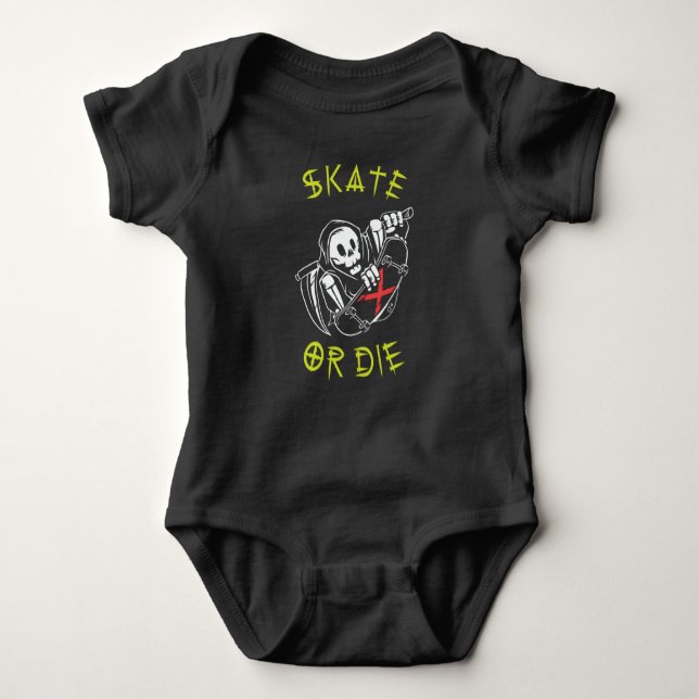 Skate eller die Grim Reaper Skeleton Skateboarder T Shirt (Framsida)