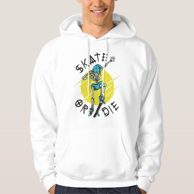 Skate eller die Skeleton Skateboarder Hoodie (Framsida)