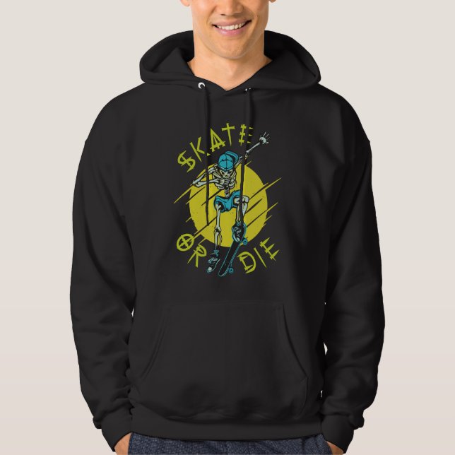 Skate eller die Skeleton Skateboarder Hoodie (Framsida)
