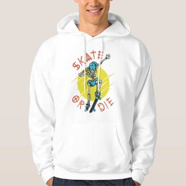 Skate eller die Skeleton Skateboarder Hoodie (Framsida)