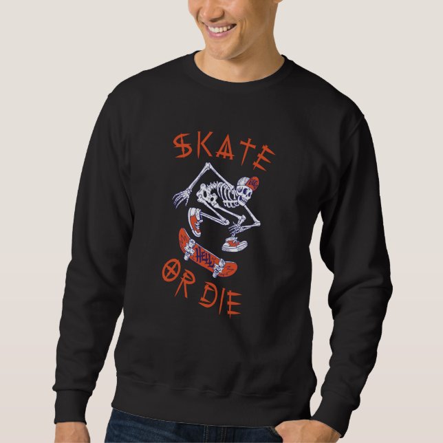 Skate eller die Skeleton Skateboarder Lång Ärmad Tröja (Framsida)
