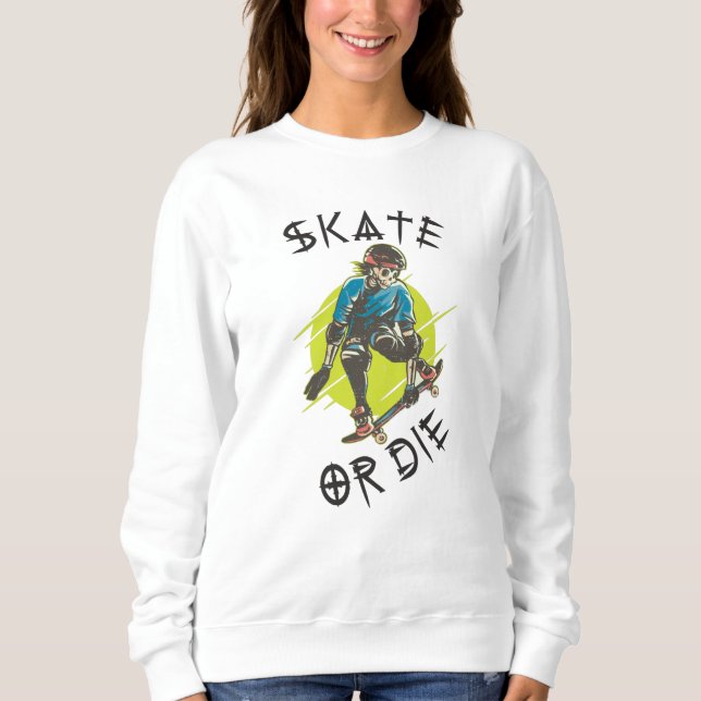 Skate eller die Skeleton Skateboarder T Shirt (Framsida)