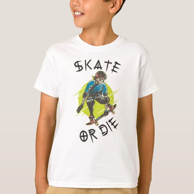 Skate eller die Skeleton Skateboarder T Shirt (Framsida)