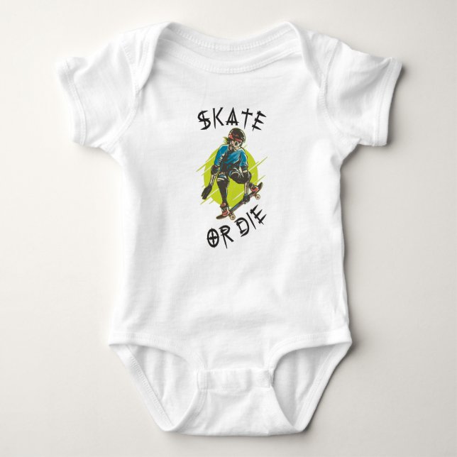 Skate eller die Skeleton Skateboarder T Shirt (Framsida)