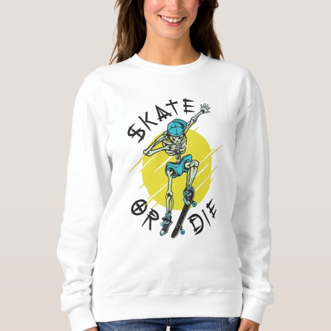 Skate eller die Skeleton Skateboarder T Shirt (Framsida)