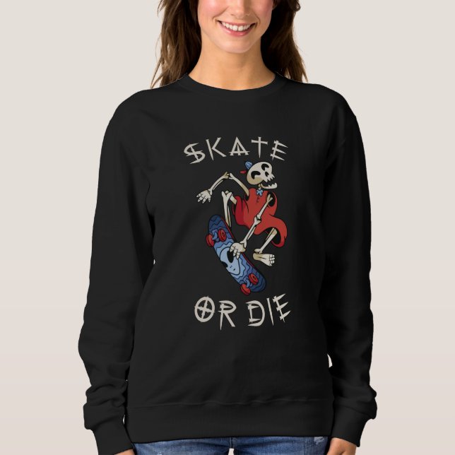 Skate eller dö Grim Reaper Skelett Skateboardåkare T Shirt (Framsida)