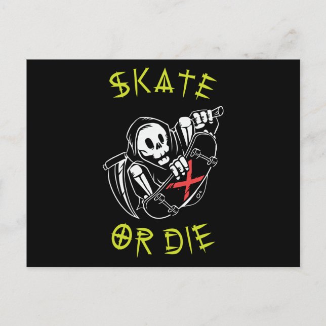 Skate eller dö Grim Reaper Skelett Skateboardåkare Vykort (Framsida)