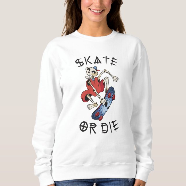 Skate eller dö rolig skelett skateboardåkare t shirt (Framsida)