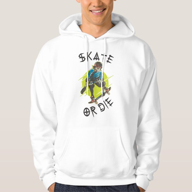 Skate eller dö Skeleton Skateboardåkare Hoodie (Framsida)