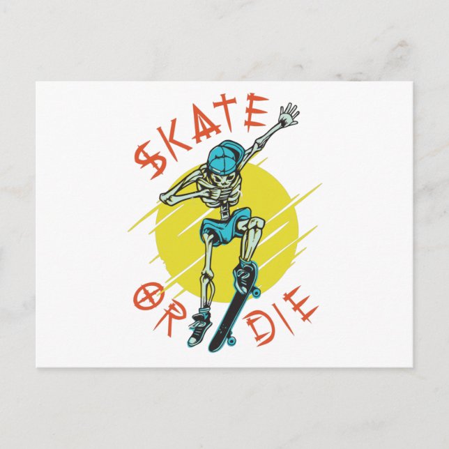 Skate eller dö Skeleton Skateboardåkare Vykort (Framsida)