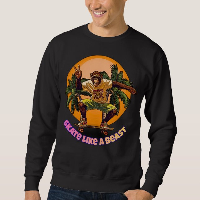 Skate Like a Beast Cool Chimpans Skateboard Design Lång Ärmad Tröja (Framsida)