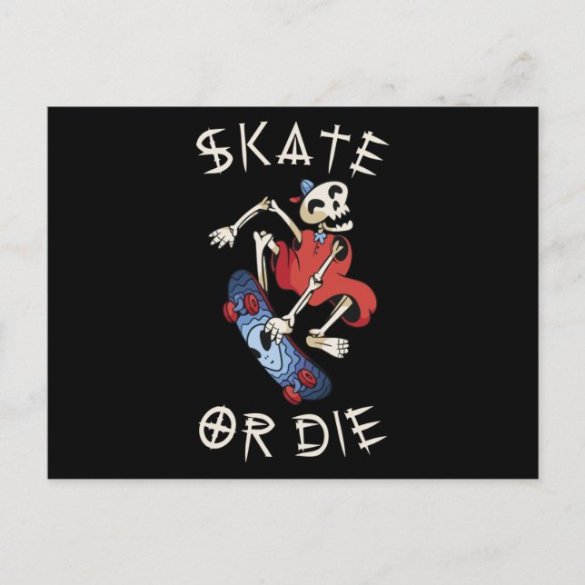 Skate or die Grim Reaper Skeleton Skateboarder Vykort (Framsida)
