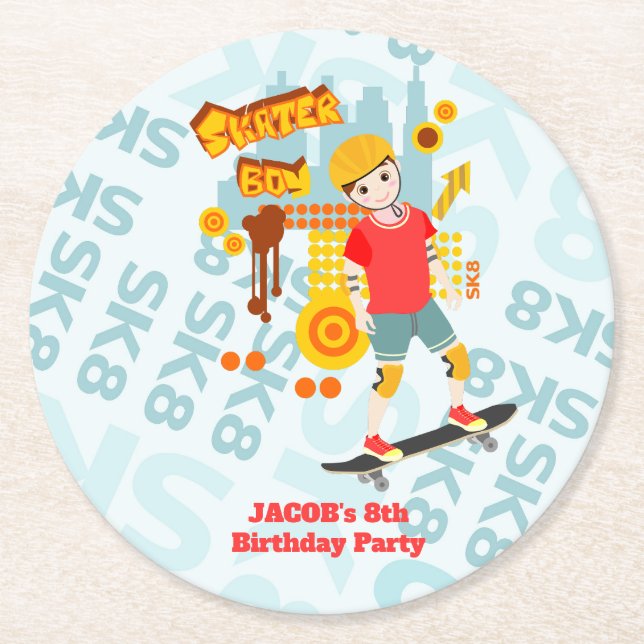 Skate Park Roligt Boy Födelsedagsfest Underlägg Papper Rund (Framsidan)
