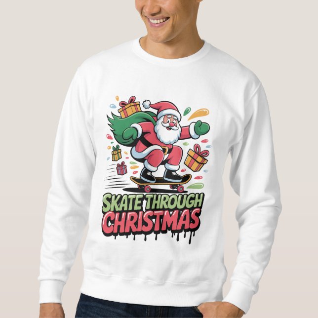 Skate Through Christmas — Skateboard Santa Tee Lång Ärmad Tröja (Framsida)