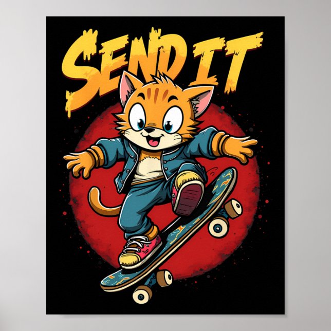Skatearkatt Skicka Det Slang Rolig Retro Skateboar Poster (Framsidan)
