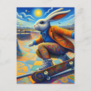 Skateboarande Surreal Colorful and Roligt Rabbit Vykort