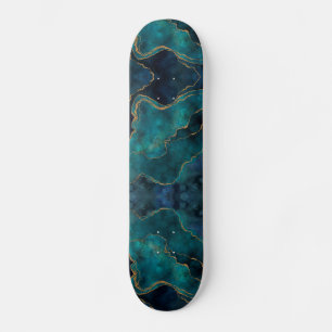 Skateboard - Blå och teal marmor med guldådring