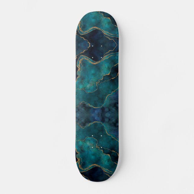 Skateboard - Blå och teal marmor med guldådring (Framsida)