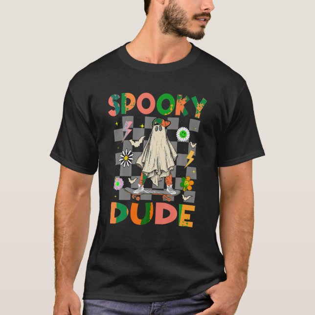 Skateboard Boo Ghost Spooky Killen Hippie Hallowee T Shirt (Framsida)