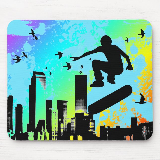 skateboard. bräda med fåglar. musmatta (Framsidan)