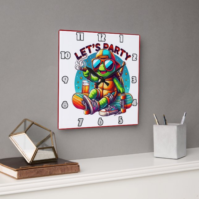 Skateboard chill vibes vid sköldpadda party fyrkantig klocka (Kontor)