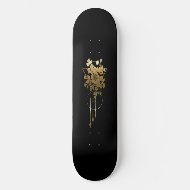 Skateboard Deck ’Geometric Blommigt in Guld’ (Framsida)