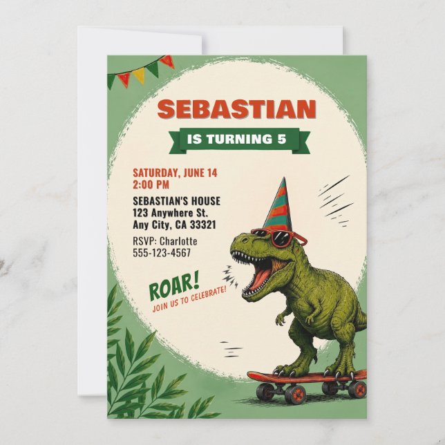 Skateboard Dinosaur Födelsedagsinbjudan Inbjudningar (Framsida)