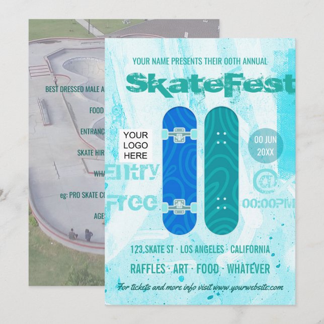 Skateboard-evenemangsannonsering lägg till foto oc inbjudningar (Fram/baksida)