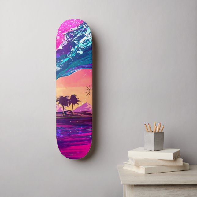 Skateboard för ljusskon Neon Retro Wave och Handfl (Väggkonst)