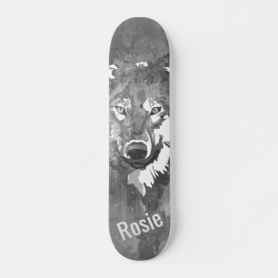 Skateboard för svartvit varg med coola