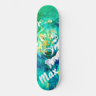 Skateboard för vit vattenfärgsvit varg i vattenpel