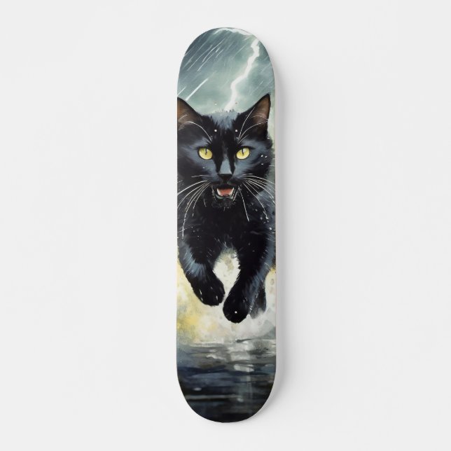Skateboard Gato Negro Corriendo bajo la Lluvia (Framsida)