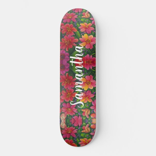 Skateboard Girly Mönster Red orange Blommigt (Framsida)